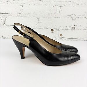 Salvatore Ferragamo Black Leather Slingback Reptile Cap Toe Pump Heel 9.5B